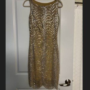 Tadashi Shoji Gold Sequin Mid-Length Scalloped Cocktail Dress Size 2